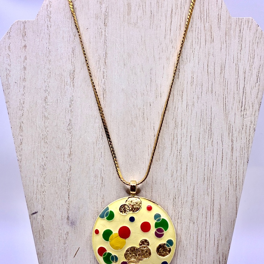 Vintage SIGNED “Avon” Multi-Colored Enamel Pendant with Gold Chain 16” Inches